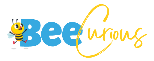 BeeCurious Logo featuring Buzz, the BrightPath mascot, jumping beside the words "BeeCurious" in yellow and blue lettering.