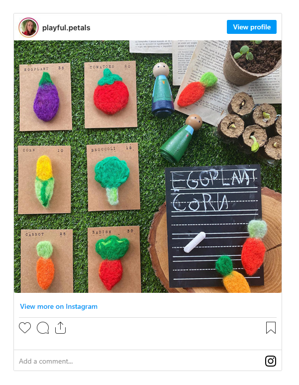 A fun Earth Day activity for kids using toy vegetables to label the garden