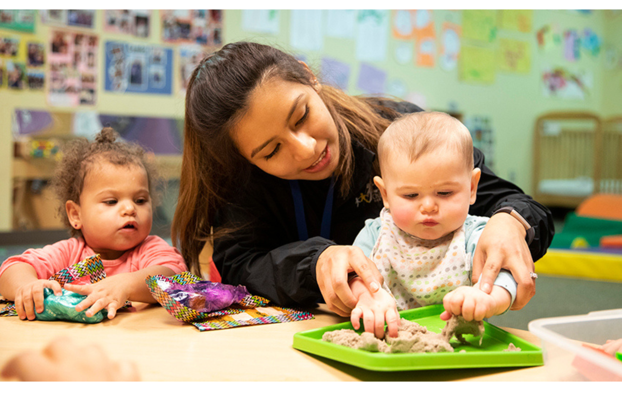 An early childhood educator guiding infants through the new BrightPath BeeCurious curriculum framework at a BrightPath centre near you. 