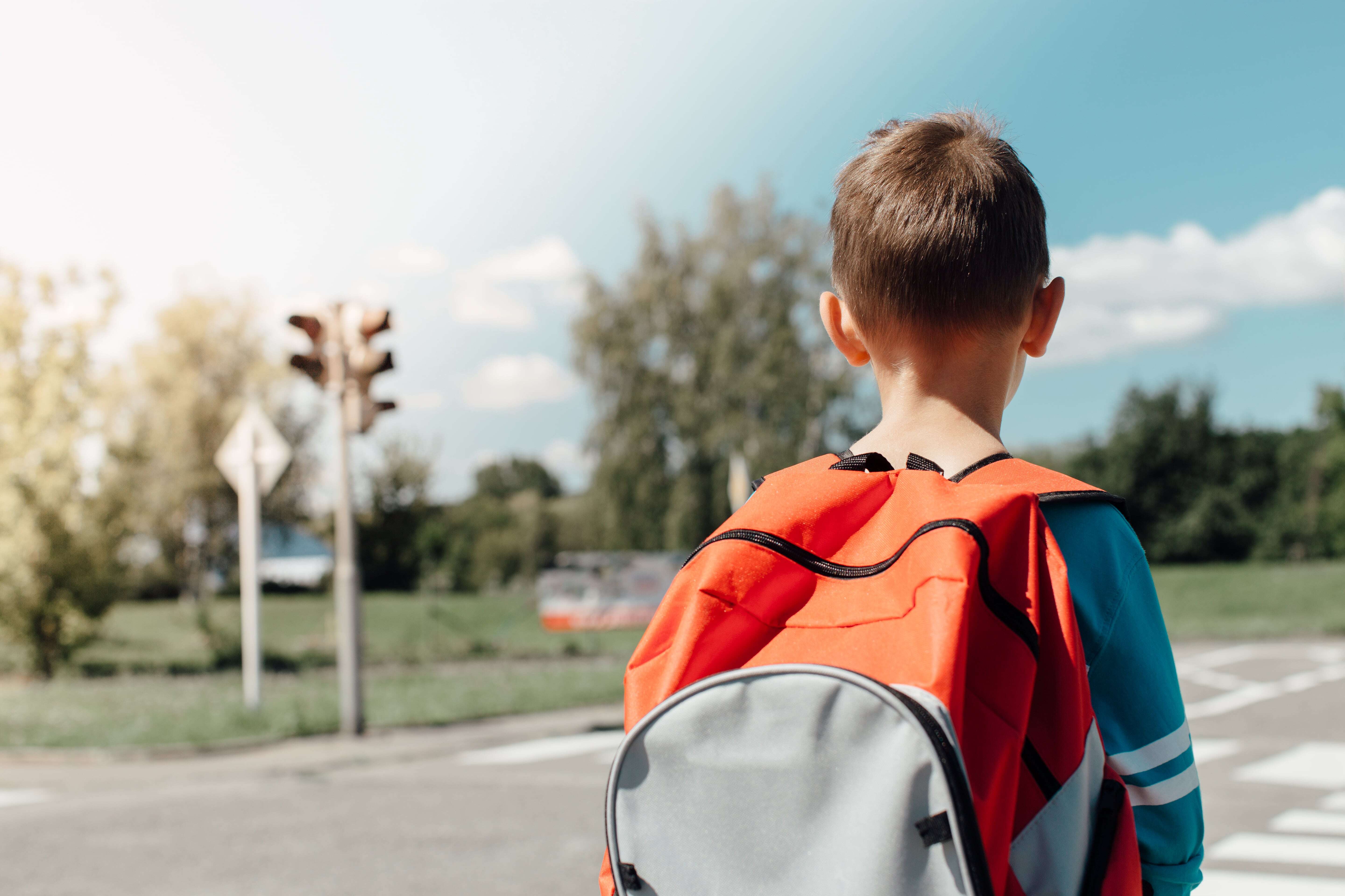 A young boy wearing a backpack and looking across the street. 